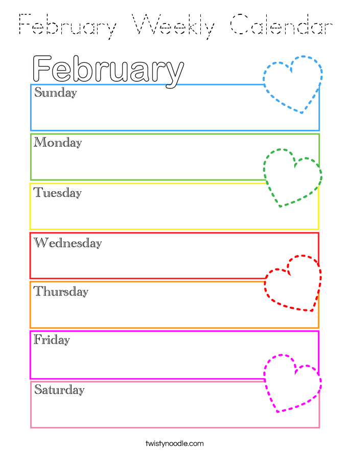 February Weekly Calendar Coloring Page