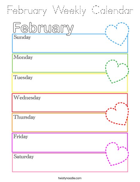 February Weekly Calendar Coloring Page