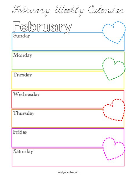 February Weekly Calendar Coloring Page