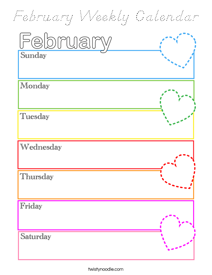 February Weekly Calendar Coloring Page