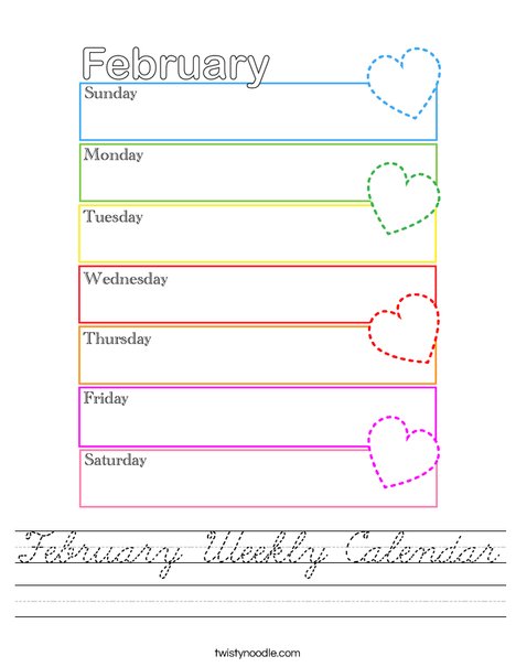 February Weekly Calendar Worksheet