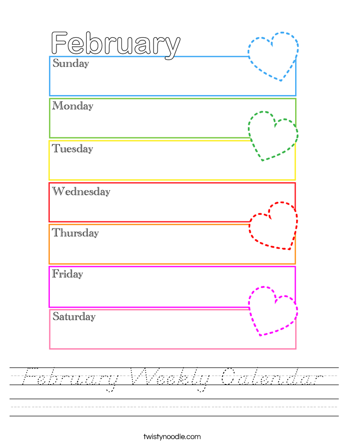 February Weekly Calendar Worksheet