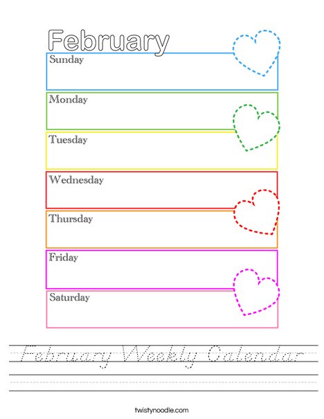 February Weekly Calendar Worksheet