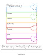 February Weekly Calendar Handwriting Sheet