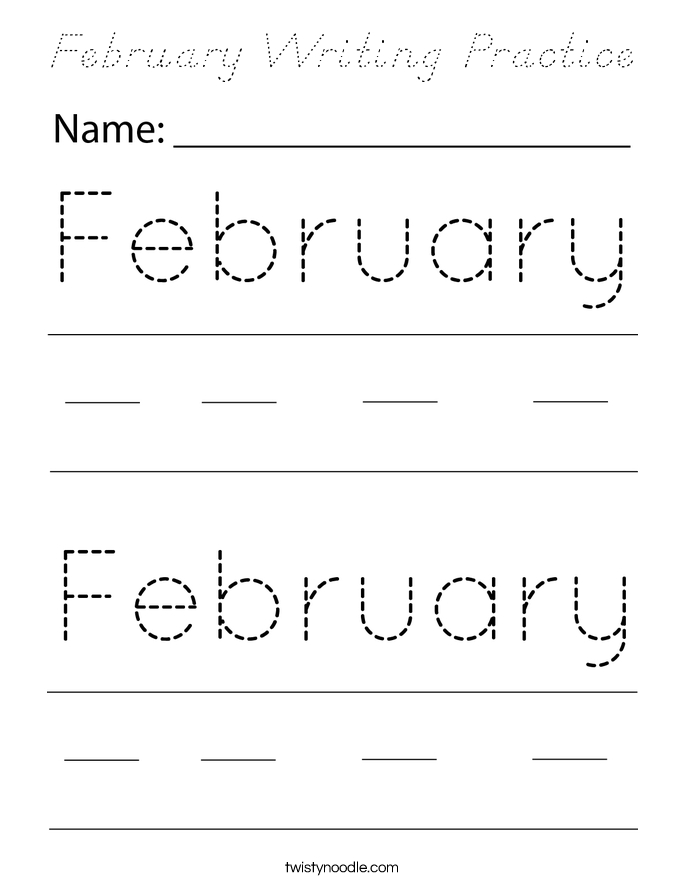 February Writing Practice Coloring Page