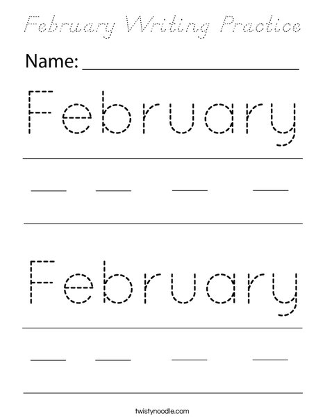 February Writing Practice Coloring Page