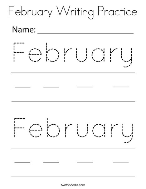 February Writing Practice Coloring Page