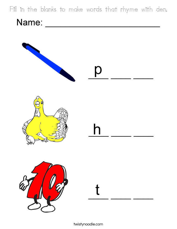 Fill in the blanks to make words that rhyme with den. Coloring Page