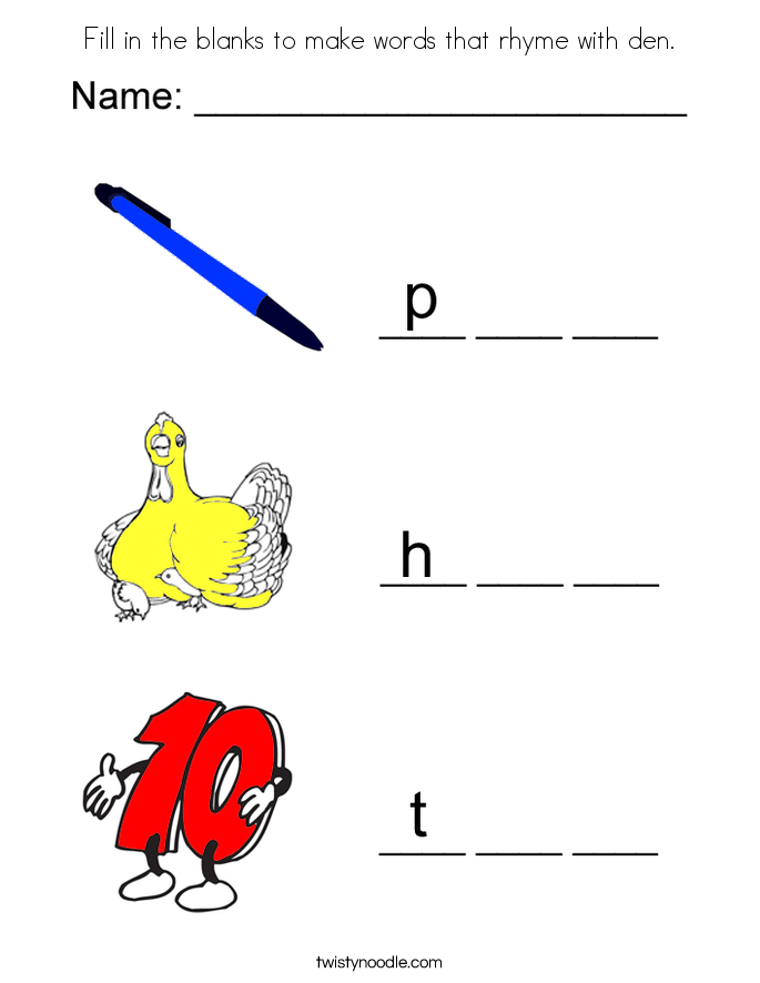 Fill in the blanks to make words that rhyme with den. Coloring Page