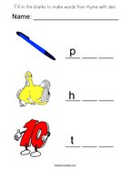 Fill in the blanks to make words that rhyme with den Coloring Page