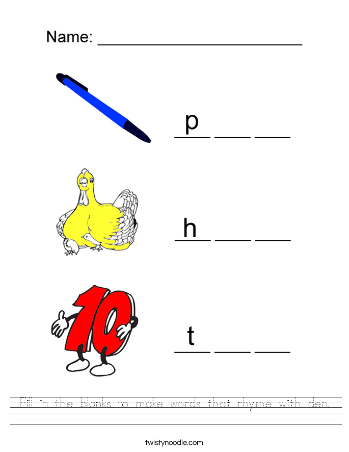 Fill in the blanks to make words that rhyme with den. Worksheet