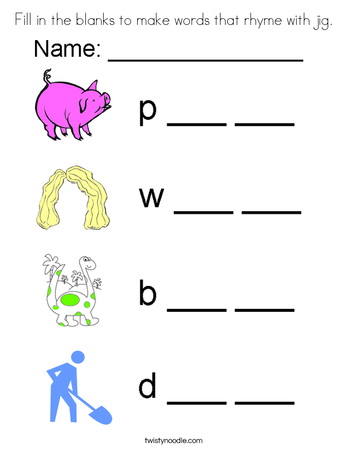Fill in the blanks to make words that rhyme with jig. Coloring Page
