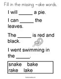 Fill in the missing -ake words Coloring Page