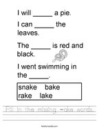 Fill in the missing -ake words Handwriting Sheet
