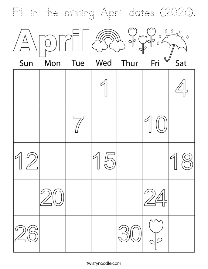 Fill in the missing April dates (2026). Coloring Page