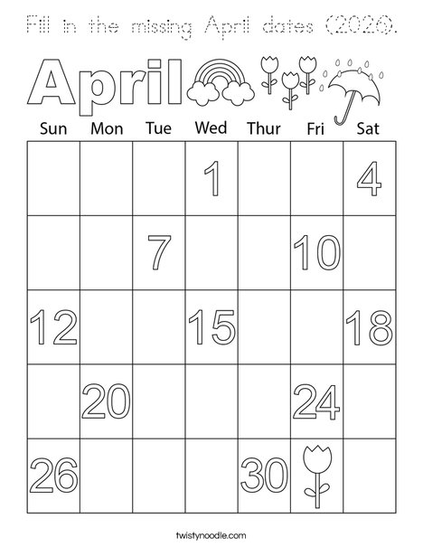 Fill in the missing April dates (2026). Coloring Page