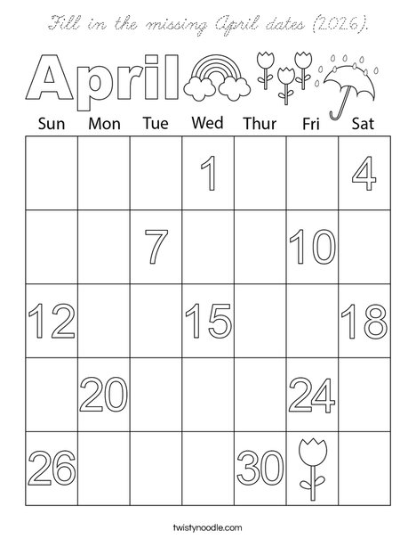 Fill in the missing April dates (2026). Coloring Page