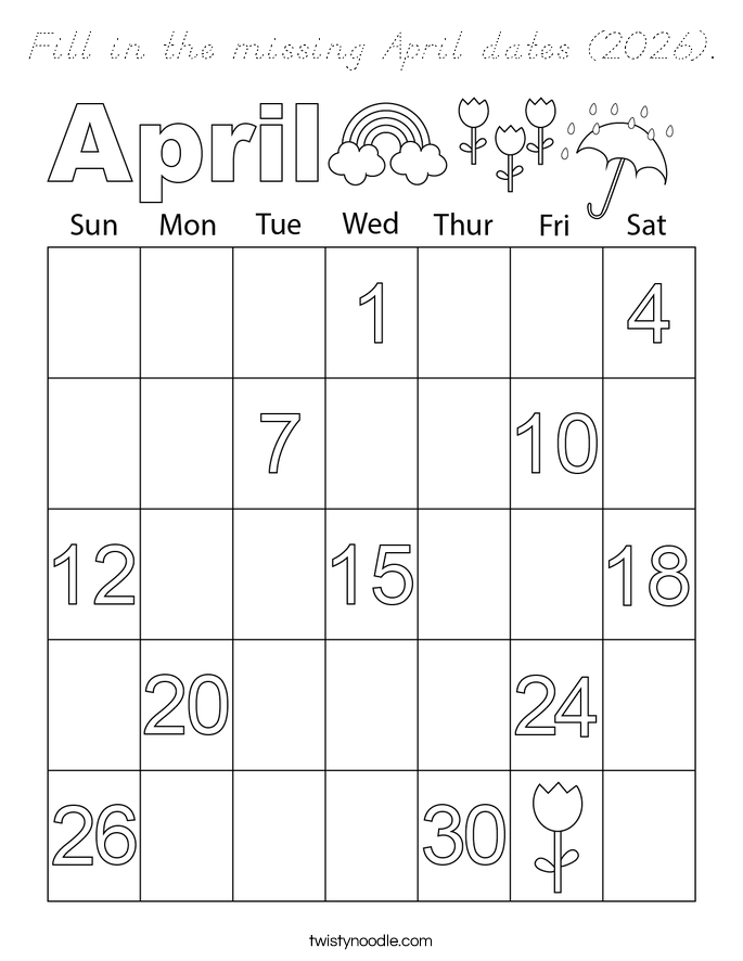 Fill in the missing April dates (2026). Coloring Page