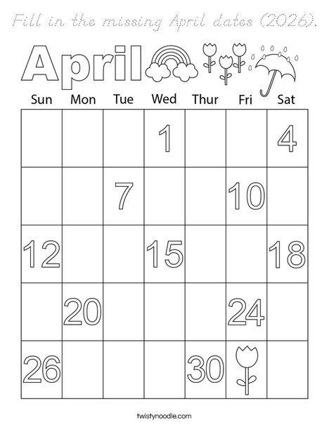 Fill in the missing April dates (2026). Coloring Page