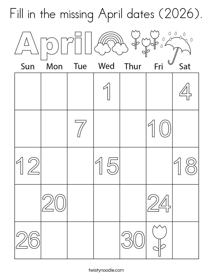Fill in the missing April dates (2026). Coloring Page