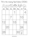 Fill in the missing April dates (2026). Coloring Page