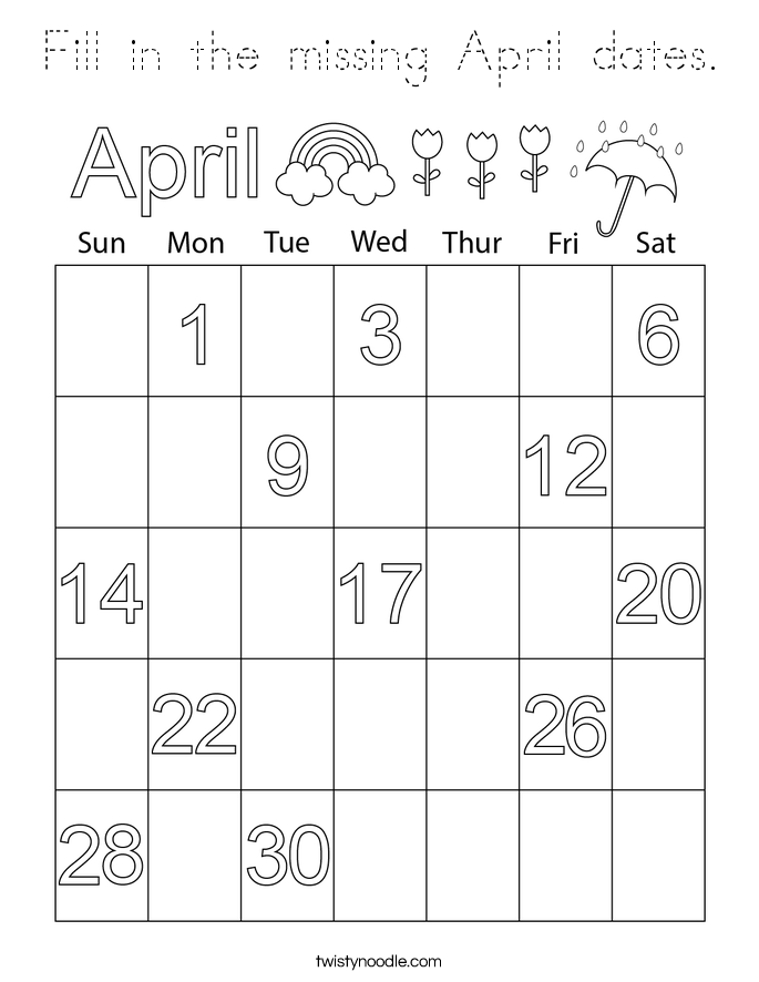 Fill in the missing April dates. Coloring Page