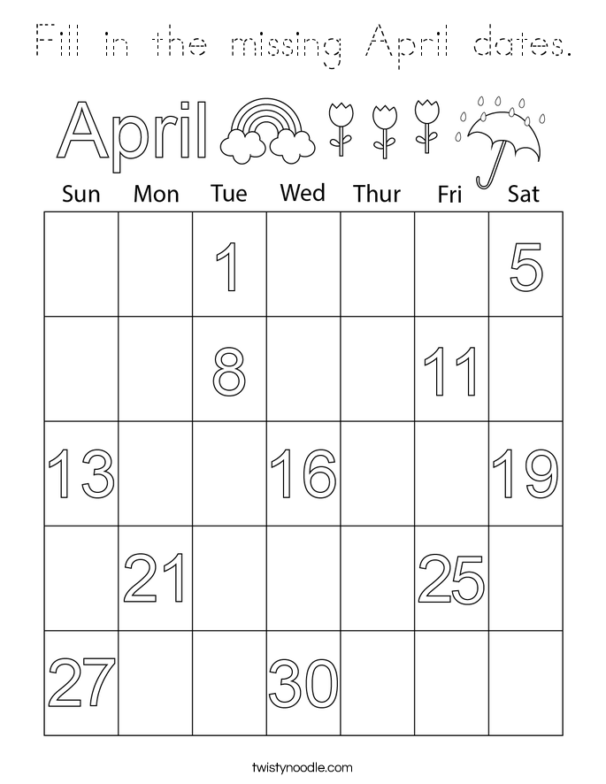 Fill in the missing April dates. Coloring Page