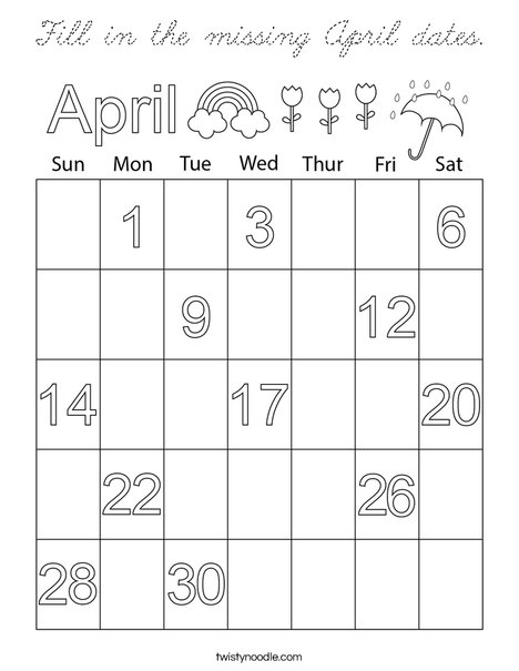 Fill in the missing April dates. Coloring Page