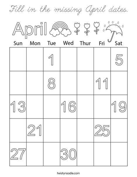 Fill in the missing April dates. Coloring Page