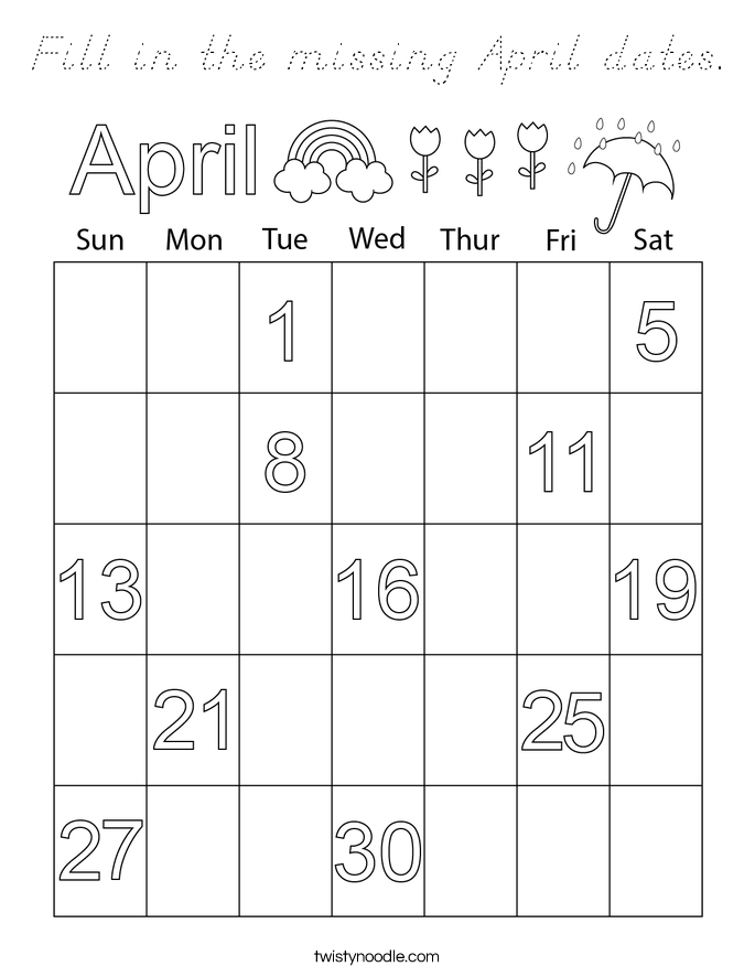 Fill in the missing April dates. Coloring Page