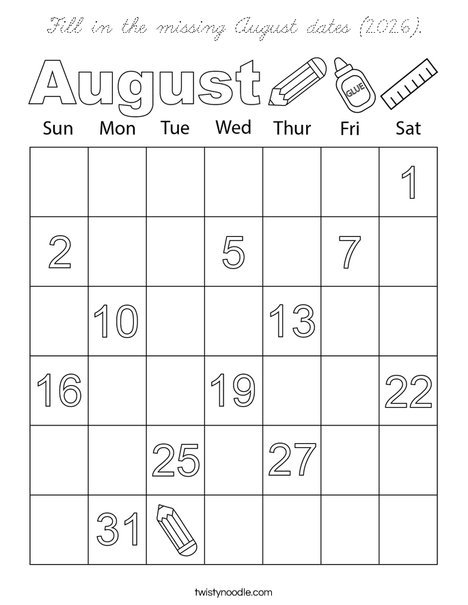 Fill in the missing August dates (2026). Coloring Page