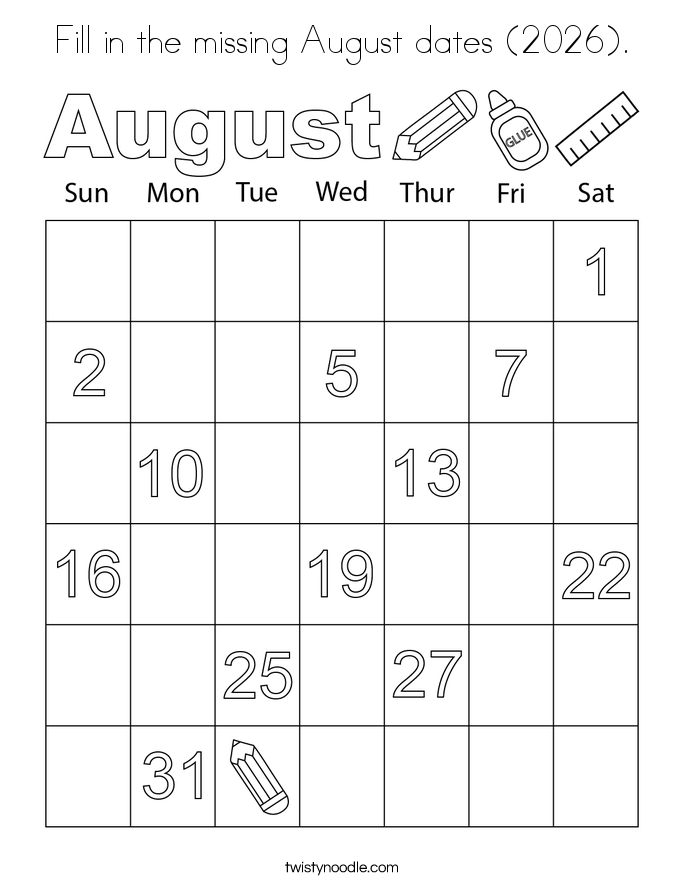 Fill in the missing August dates (2026). Coloring Page