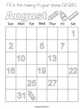 Fill in the missing August dates (2026). Coloring Page