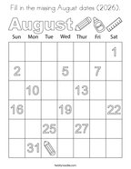 Fill in the missing August dates (2026) Coloring Page