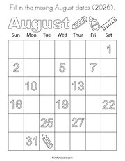 Fill in the missing August dates (2026) Coloring Page