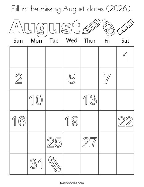 Fill in the missing August dates (2026). Coloring Page