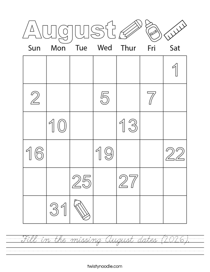 Fill in the missing August dates (2026). Worksheet