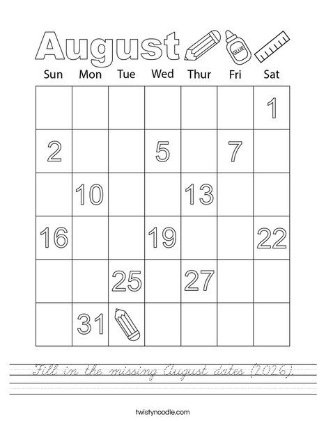 Fill in the missing August dates (2026). Worksheet