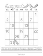 Fill in the missing August dates (2026) Handwriting Sheet