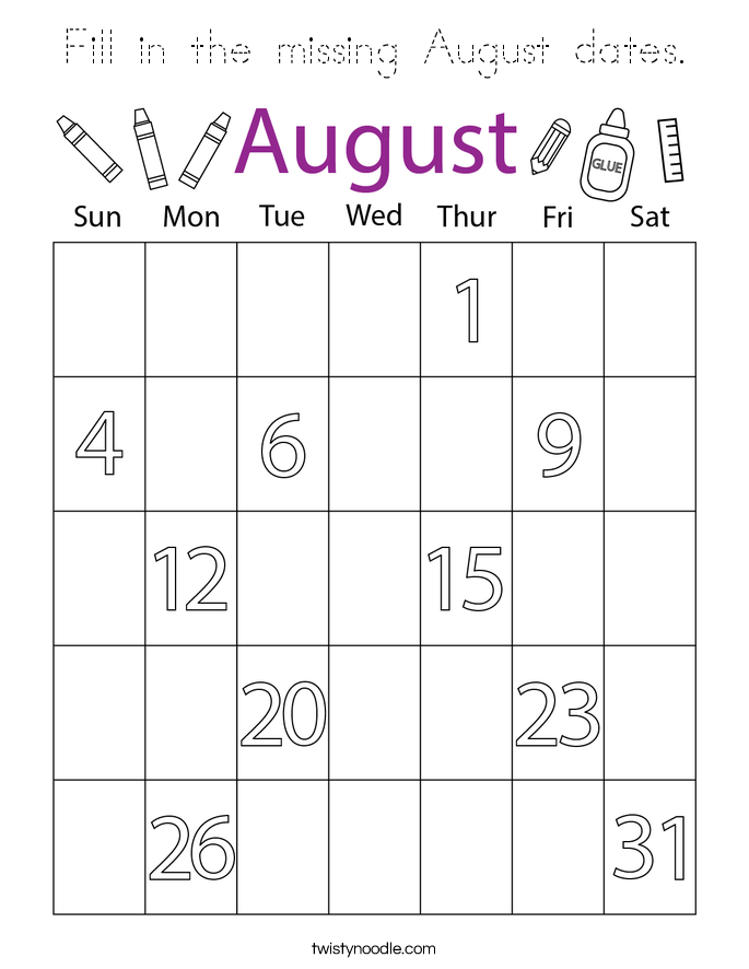 Fill in the missing August dates. Coloring Page