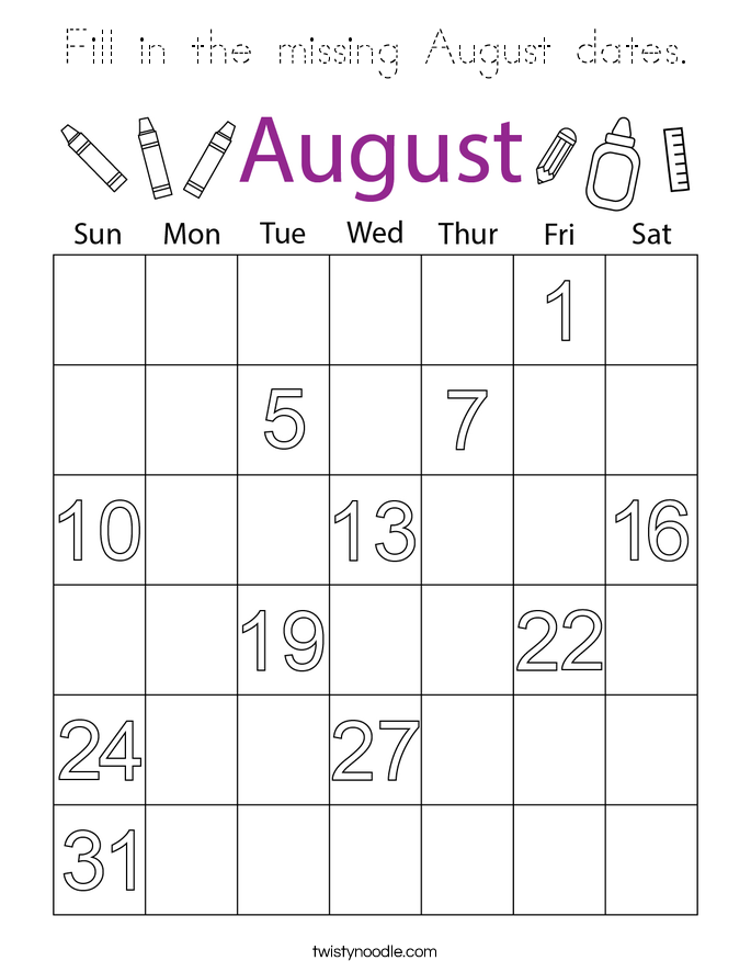 Fill in the missing August dates. Coloring Page