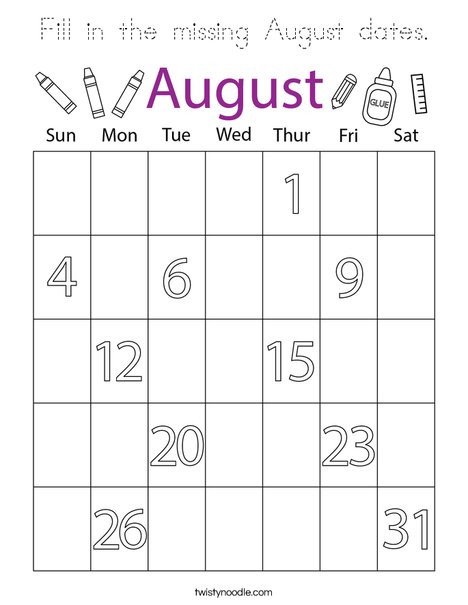 Fill in the missing August dates. Coloring Page