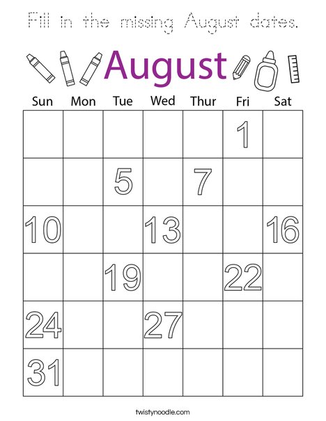 Fill in the missing August dates. Coloring Page