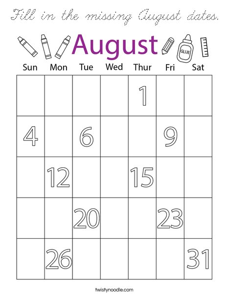 Fill in the missing August dates. Coloring Page