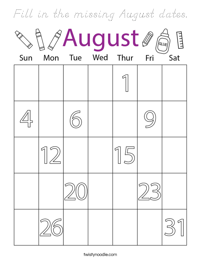 Fill in the missing August dates. Coloring Page