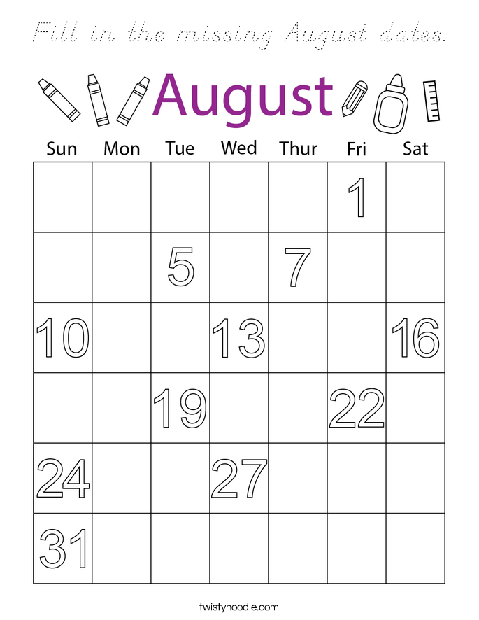 Fill in the missing August dates. Coloring Page