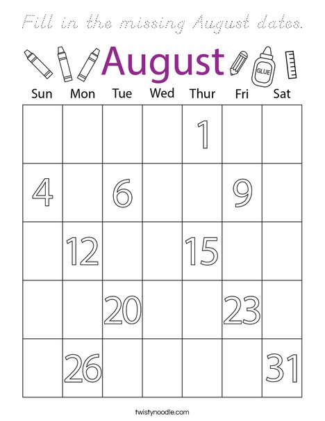 Fill in the missing August dates. Coloring Page