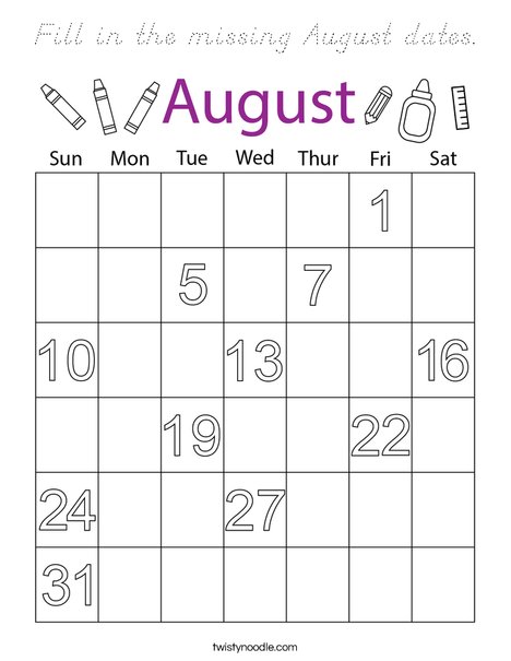 Fill in the missing August dates. Coloring Page