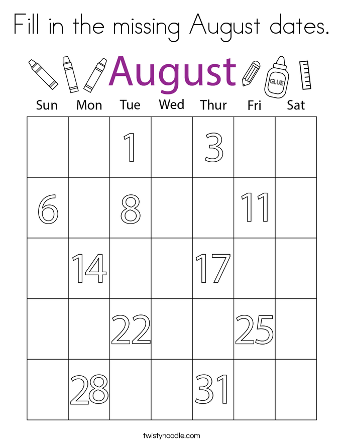 Fill in the missing August dates. Coloring Page