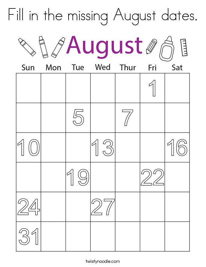 Fill in the missing August dates. Coloring Page